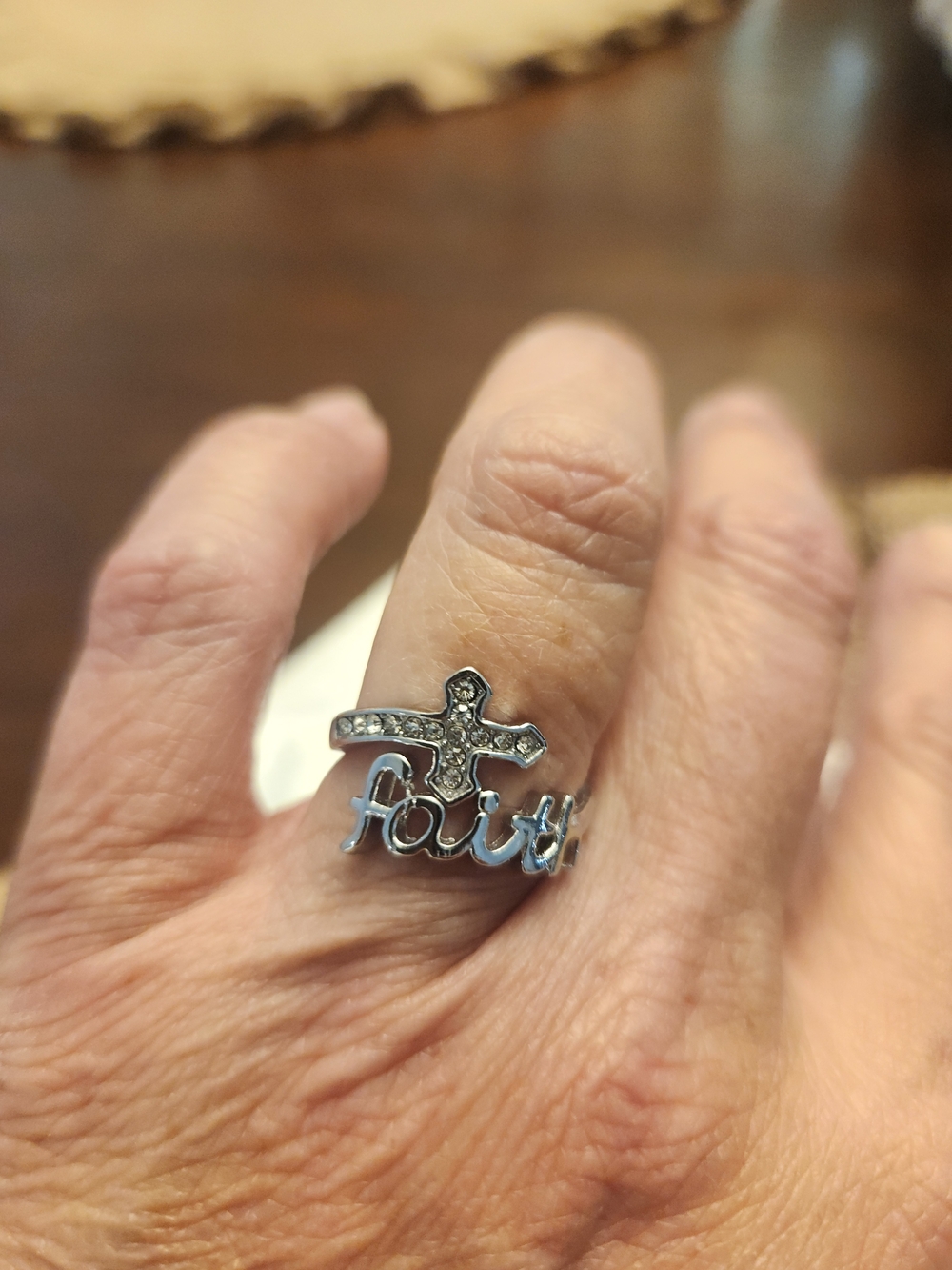 Faith Cross Script Ring - Silver Tone
